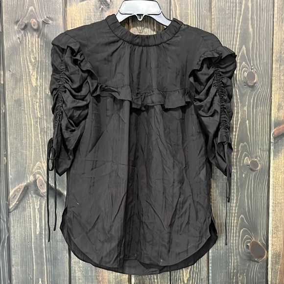Veronica Beard Silk Top 8 Black Peasant Boho Ruffle Tie Dressy Whimsigoth Office - Picture 1 of 8